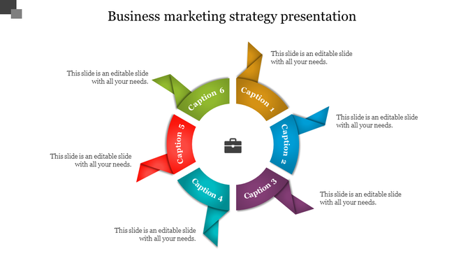 Circular business marketing strategy slide with six colorful ribbon like segments labeled 1 to 6.