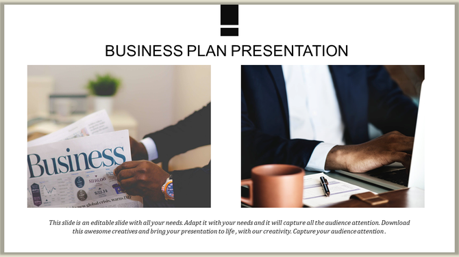 Two images showing a professional reading a newspaper on the left and working on a laptop with a coffee cup on the right.