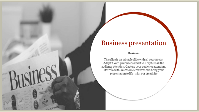 Business presentation PowerPoint template with a close up of a person reading a business newspaper.