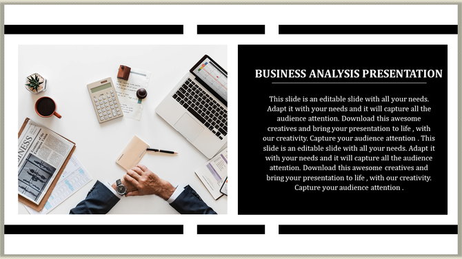 Business slide with a top view desk setup on the left and text on a dark background on the right.