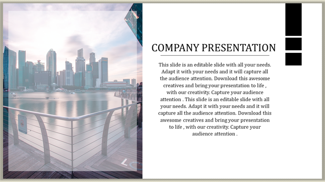 Company PPT slide features the city skyline with a dock railing in the foreground with a placeholder description.