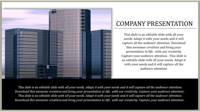 Company slide with skyscraper image on the left and placeholder text areas in a black box on the right.
