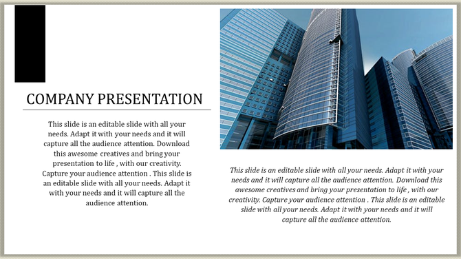 A professional company presentation slide featuring a modern city skyline on the right with content on the left.