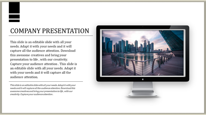Modern conpany layout with a computer monitor showcasing a waterfront city skyline and a caption area.
