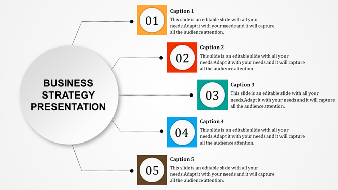 Business strategy PowerPoint slide with five steps, each with a caption and colorful circle markers.