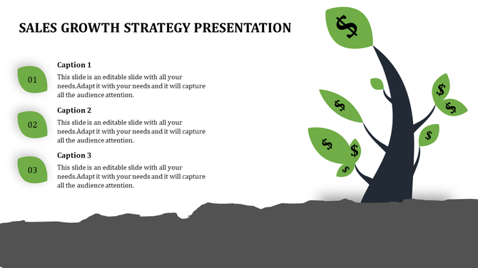 Sales growth strategy slide featuring a tree with green dollar sign leaves and three numbered captions on the left.