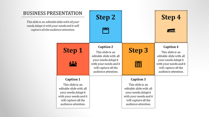 Modern business template showing four process steps in red, blue, orange, and yellow squares with relevant icons.