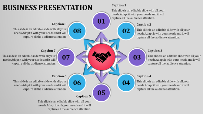 Infographic with a red central handshake circle, surrounded by eight blue and purple numbered circles with captions.