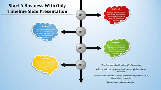 Timeline slide with years 2016 to 2019 marked vertically on a black arrow, paired with colorful speech bubbles.