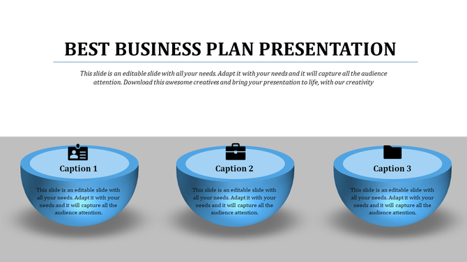 PowerPoint slide featuring three icons in circular containers representing different business plan elements.