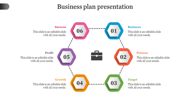 Six-step business plan template featuring colored hexagons labeled with icons and captions for business, process, and growth.