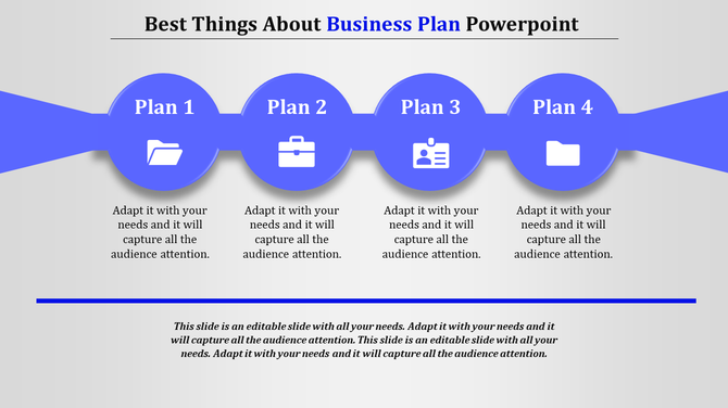 Business plan slide with four blue circles labeled plan 1 to 4, each with icons, text, and a line at the bottom.