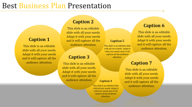 Business plan PowerPoint slide with seven yellow circular sections labeled caption 1 to 7, each with text.