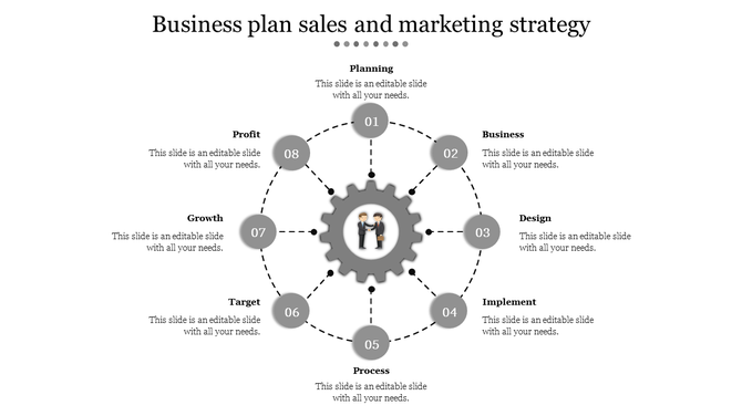 Gear-themed infographic illustrating eight stages of a business plan and marketing strategy in grey theme.
