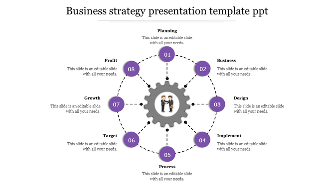 Business strategy infographic with dotted circle linking eight purple steps to a central gear, each with caption and number.