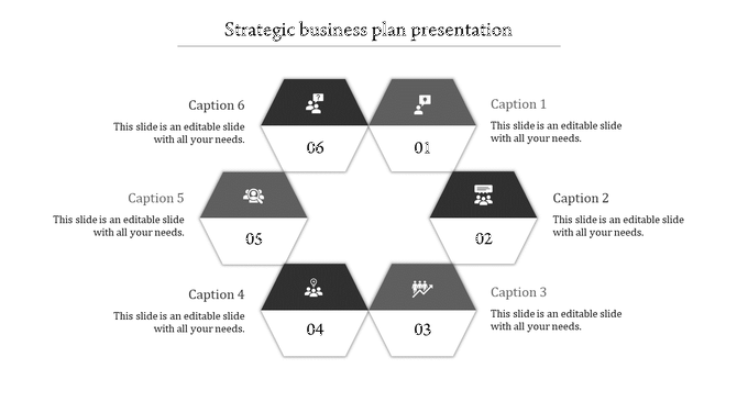 Hexagonal diagram in grayscale with six interconnected segments, each labeled with numbers, icons, and captions.
