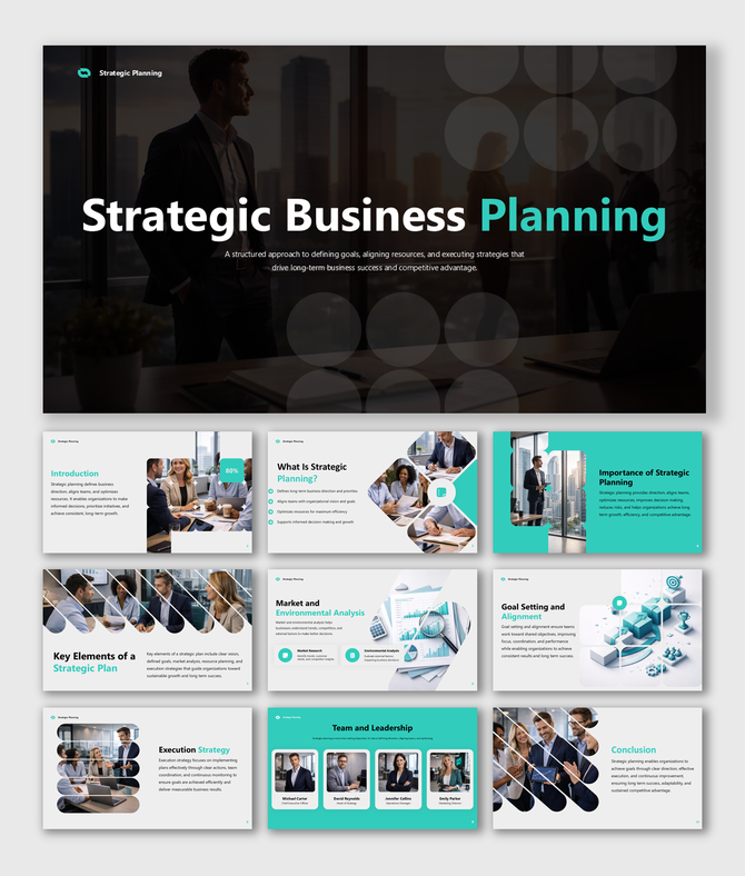 Strategic business planning presentation with goals market analysis, leadership, execution strategy and growth focus key.