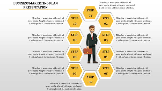 Business marketing plan slide featuring ten yellow hexagon-shaped steps and a businessman holding a briefcase.