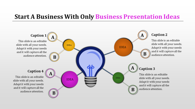 Business slide with a central light bulb and four connected idea nodes in orange, green, pink, and yellow.