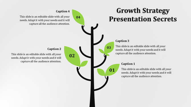 Slide with a tree graphic, four green leaves marked 01 to 04, and captions, highlighting growth strategy steps.
