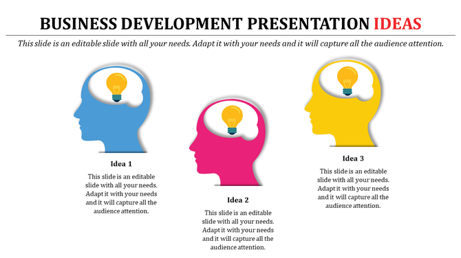 Illustration of three colored heads with lightbulbs inside, representing creative business development ideas.