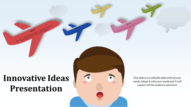 Innovative PPT ideas illustration with colorful airplanes representing different concepts floating in the sky with text.