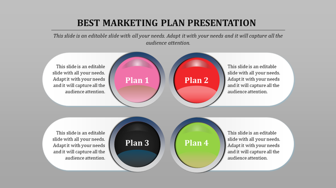 Best marketing plan presentation template with four colored plan sections with placeholder text.