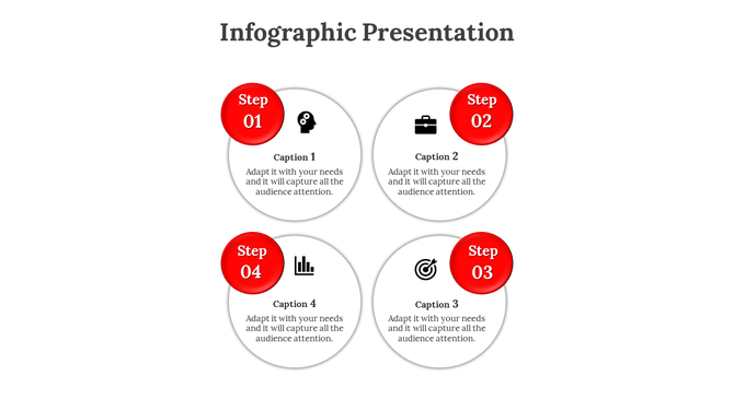 Four part infographic layout with circular steps, red highlights, and icons for head, briefcase, target, and bar graph.