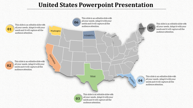 United States PowerPoint template with a map highlighting specific states including California, Texas, and Florida.
