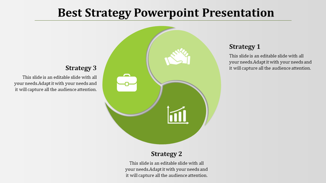 Three-part strategy slide diagram with interconnected segments in shades of green with icons and placeholder text.