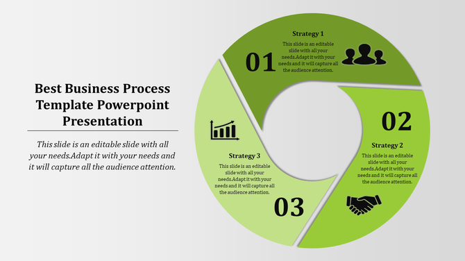 Business process slide featuring three strategies in green circular flow with icons for growth, teamwork, and collaboration.
