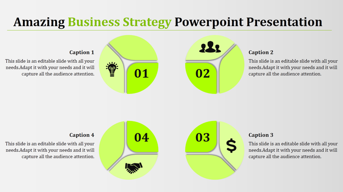 Business strategy PowerPoint template with four sections, each represented by an icon with captions.