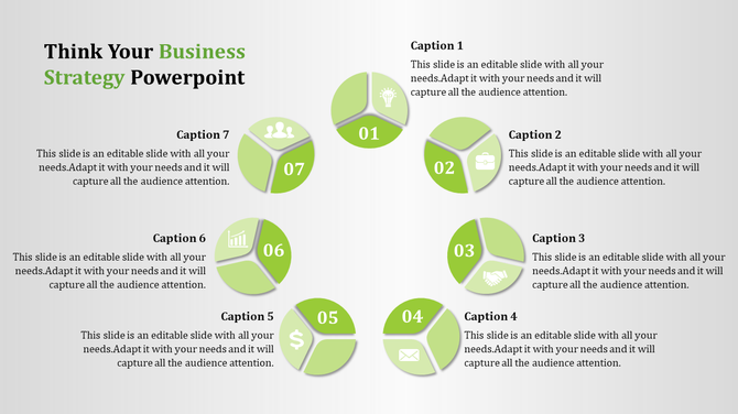 Business strategy infographic with green circles numbered, each containing icons like lightbulb, graph, and dollar sign.