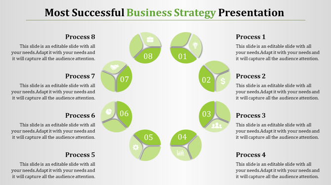 Business strategy PowerPoint template with eight steps, each represented by a circular icon for key business processes.