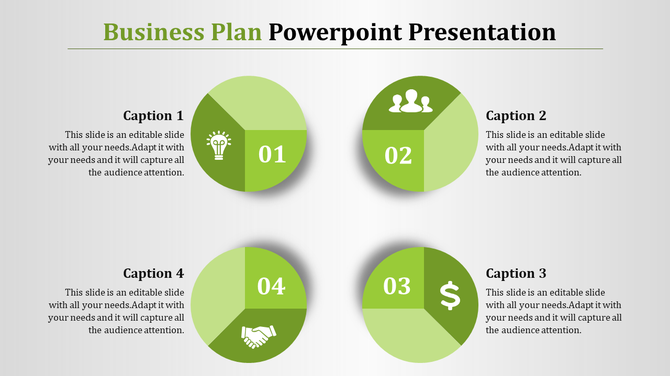 Business plan slide with four green circular icons representing ideas, people, money, and partnerships, each with a caption.
