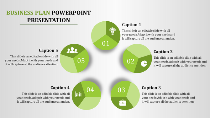A business plan PowerPoint presentation slide with five green circular icons, each representing business concepts.