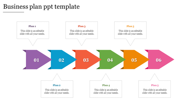 Business plan template with a sequence of six arrows in purple, blue, red, green, orange, and pink, connected to text boxes.