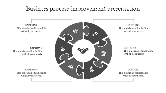 Six segmented circular puzzle diagram in gray with handshake icon in the center and captions around the perimeter.