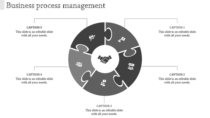 Gray circular puzzle layout with five segments, business icons in each section, and a central handshake symbolizing unity.