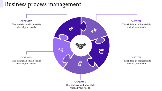 Business process management slide featuring a central handshake icon and five purple puzzle pieces with caption areas.