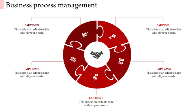 Circular puzzle layout for business process management with five captions and handshake icon in the center.