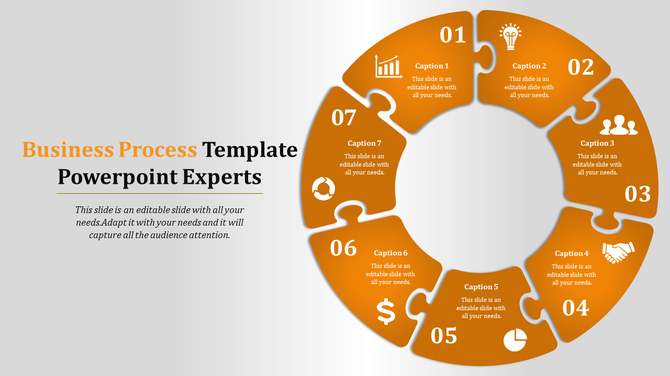 Business process diagram showing a seven-step orange circular puzzle with white icons from lightbulbs to handshake symbols.