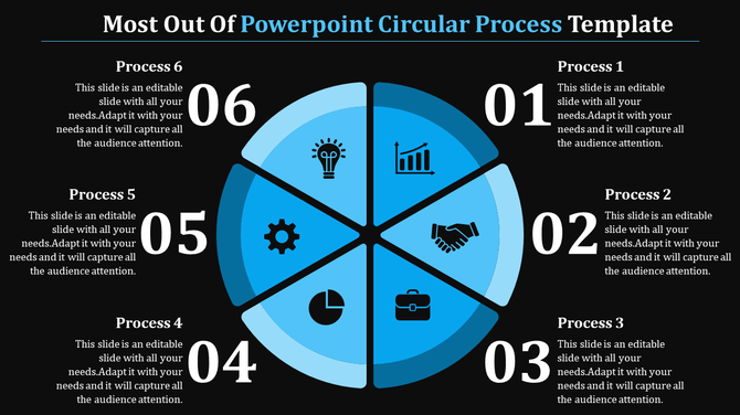 PowerPoint slide featuring a circular process template with six numbered sections and icons related to business functions.