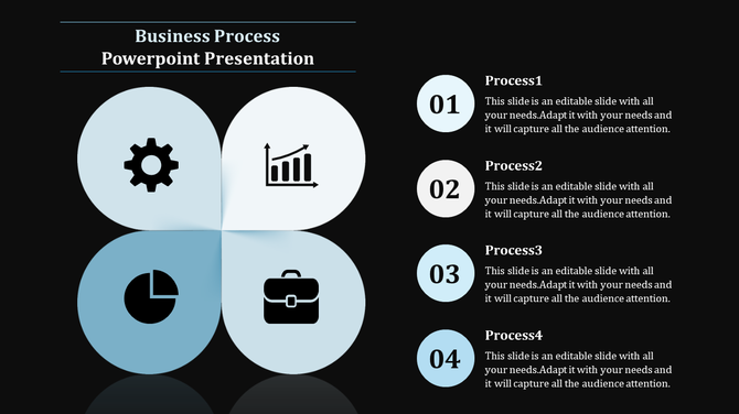 Circular business process diagram slide with four steps and corresponding icons gears, graph, pie chart, and briefcase.