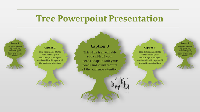 Five green tree graphics with captions, arranged in a row on a light background with silhouettes of people jumping.