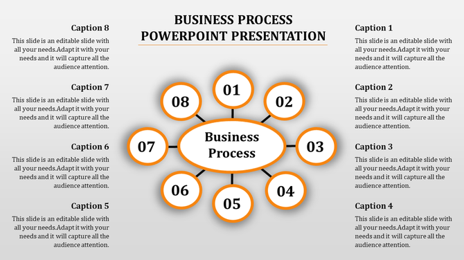 Business process PPT template with a circular design featuring eight numbered sections around a central label.