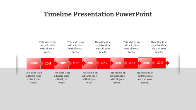 Horizontal red arrow timeline showing years 2009 to 2019 in sequence with gradient shades in a grey backdrop.