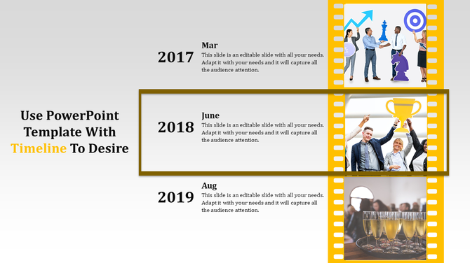 Vertical timeline with milestone years 2017, 2018, and 2019, featuring teamwork, trophy celebration, and a drink setup.