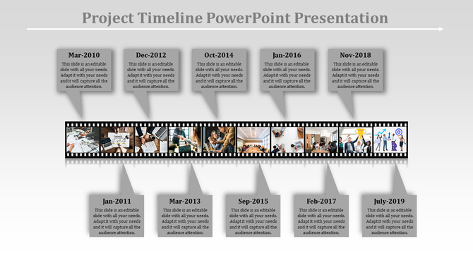 Project timeline slide featuring dates from March 2010 to July 2019, with a filmstrip displaying images at key milestones.