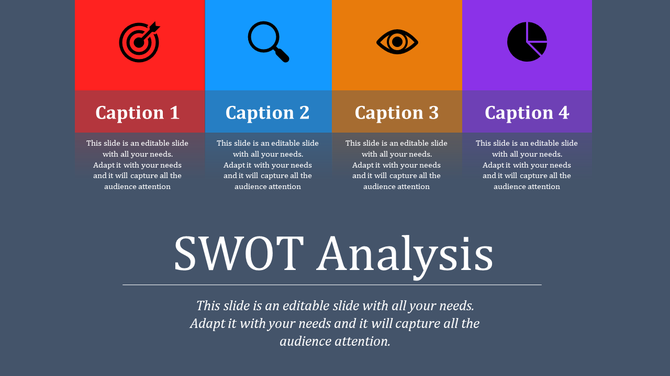 SWOT analysis slide with four colorful sections featuring icons for target, magnifying glass, eye, and pie chart.